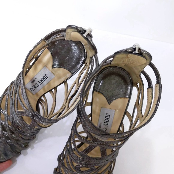 Jimmy Choo Glitter Leather Gladiator Heels In Anthracite Metallic Silver Gray - Picture 11 of 12